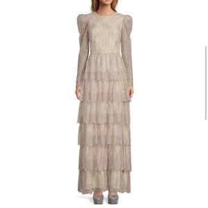 NWT Antonio Melani Metallic Lace Long Sleeve Tiered Ruffle Maxi Dress Size 4